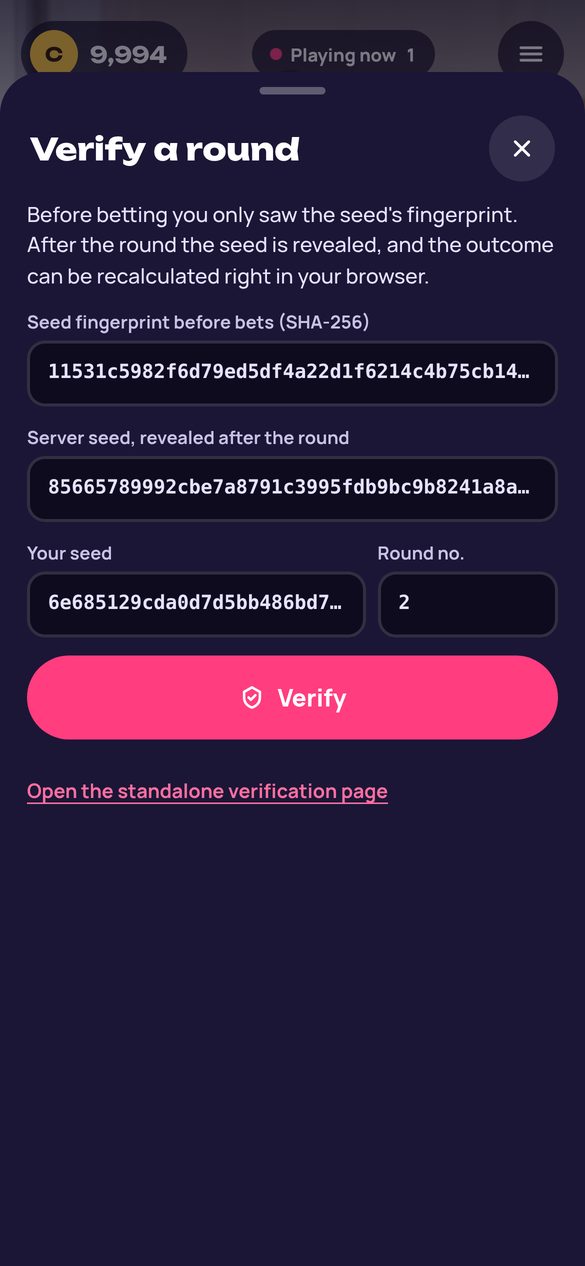 Verify a round panel with the seed fingerprint, the revealed server seed, the player seed and a Verify button